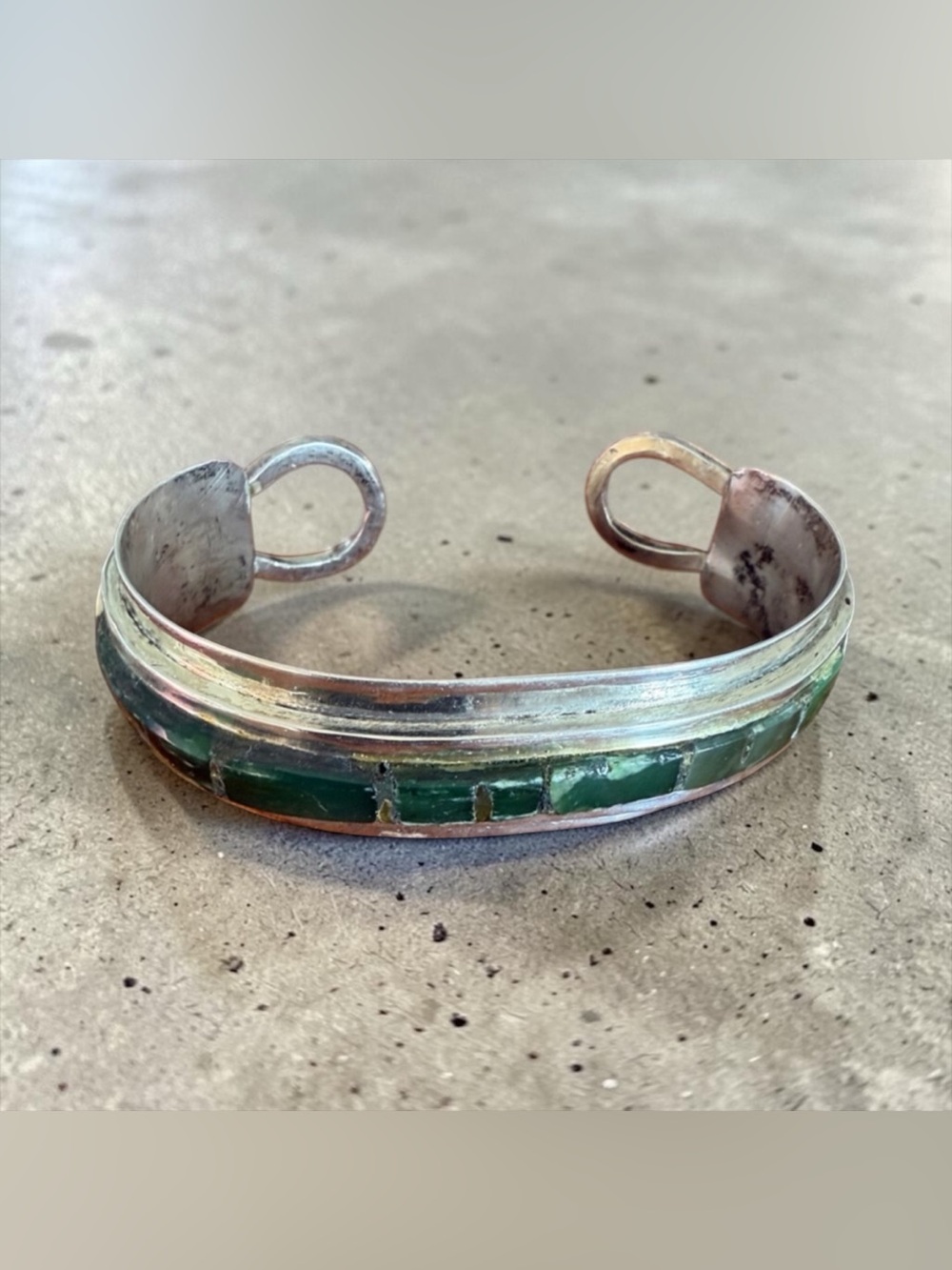 Navajo Artist Bill Kirkham Sterling Cuff Bracelet with Alaskan Jade Inlay